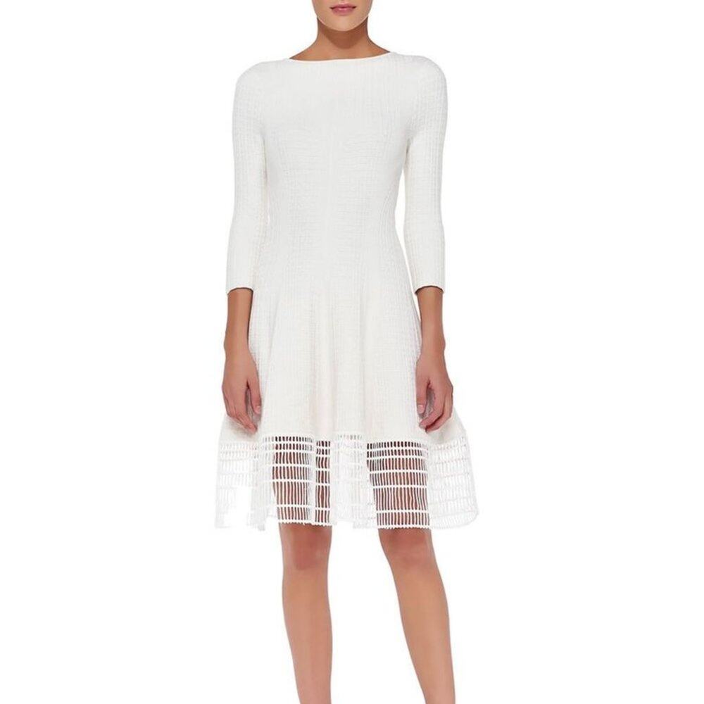 Lela Rose 3/4 Sleeve Dress Railroad Lace Hem Ivory‎